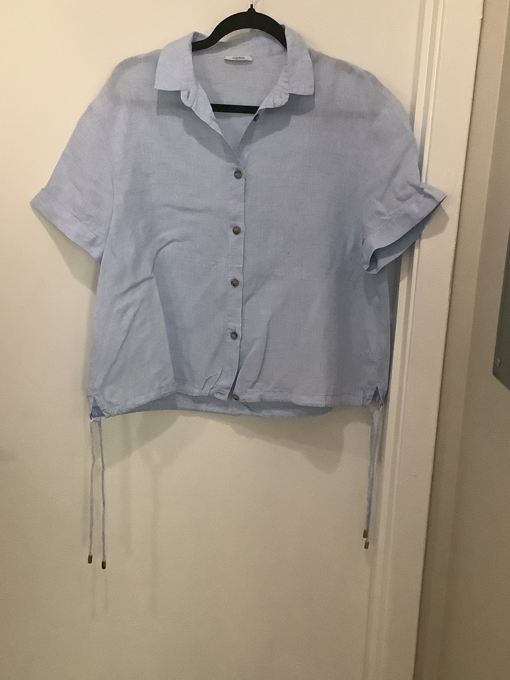 Peserico Pale Blue Short Sleeve Button-Down Shirt with Drawstrings